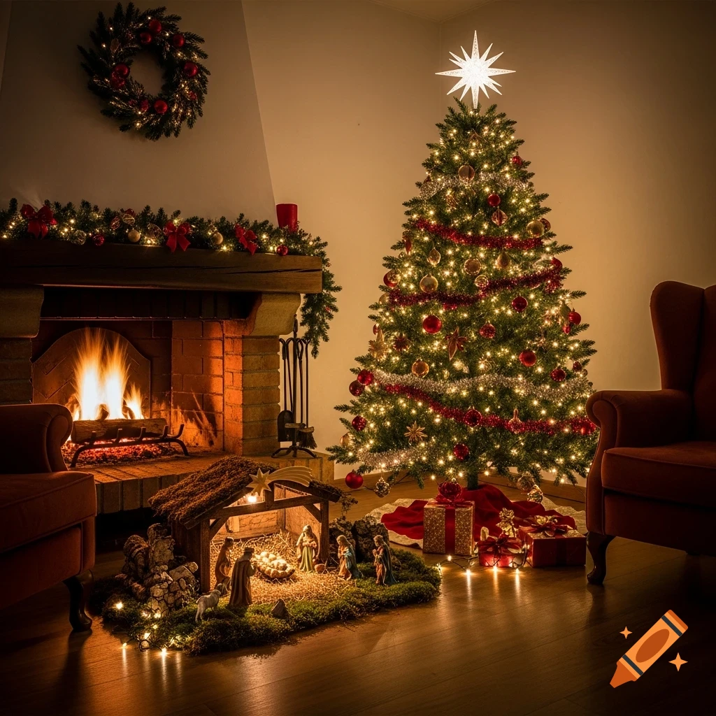A cozy living room with a lit fireplace, a decorated Christmas tree, and a nativity scene. Photorealistic.