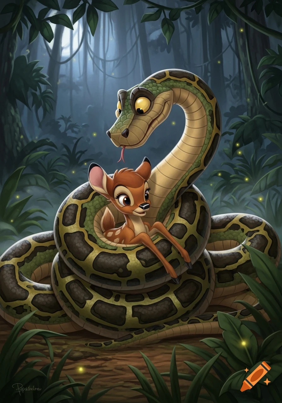 A cartoon fawn, Bambi, is wrapped in the coils of a green and brown python (Kaa) in a dark jungle, looking up at the snake.