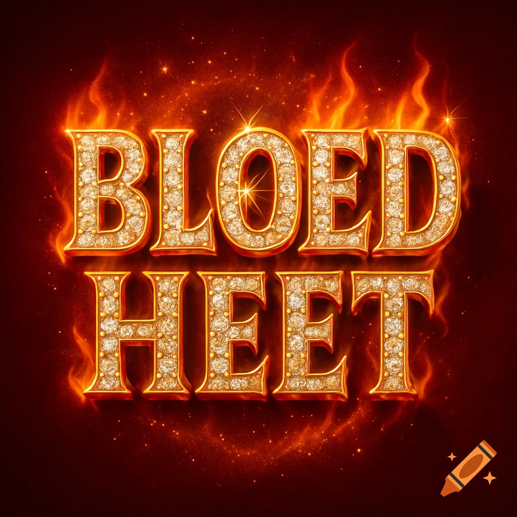 Diamond text "BLOED HEET" engulfed in vibrant red and orange flames with sparkling embers on a dark background.