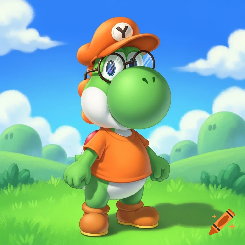 A green Yoshi wearing glasses, an orange cap with a 'Y', an orange t-shirt, and brown boots stands in a grassy field under a blue sky.