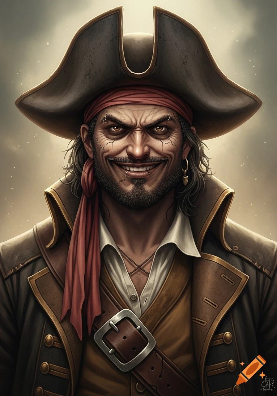 A stylized portrait of a grimacing pirate in a tricorn hat, red bandana, and weathered coat, against a soft background.