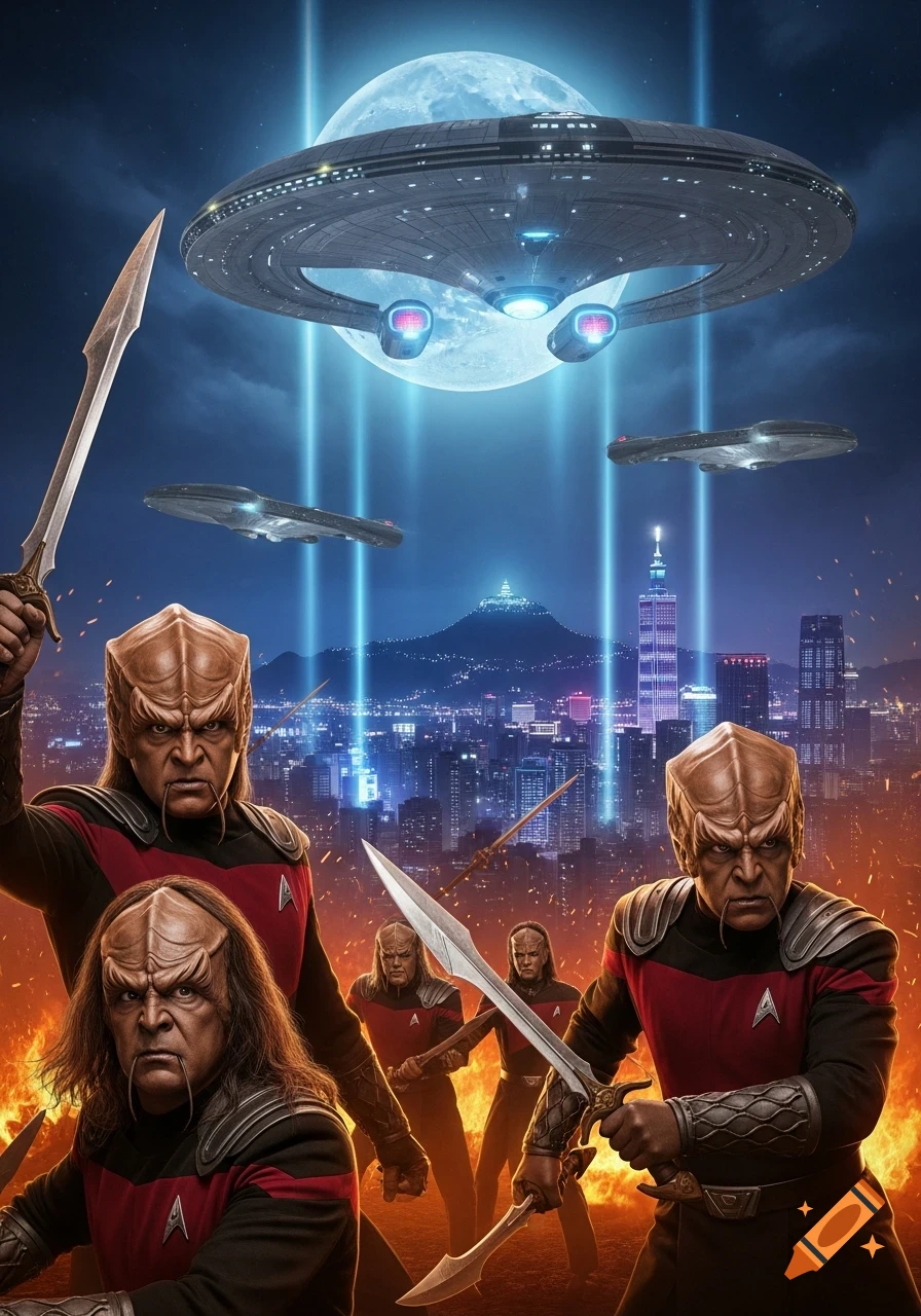 Klingon warriors with swords stand before a burning cityscape, with spaceships and a full moon in the night sky.