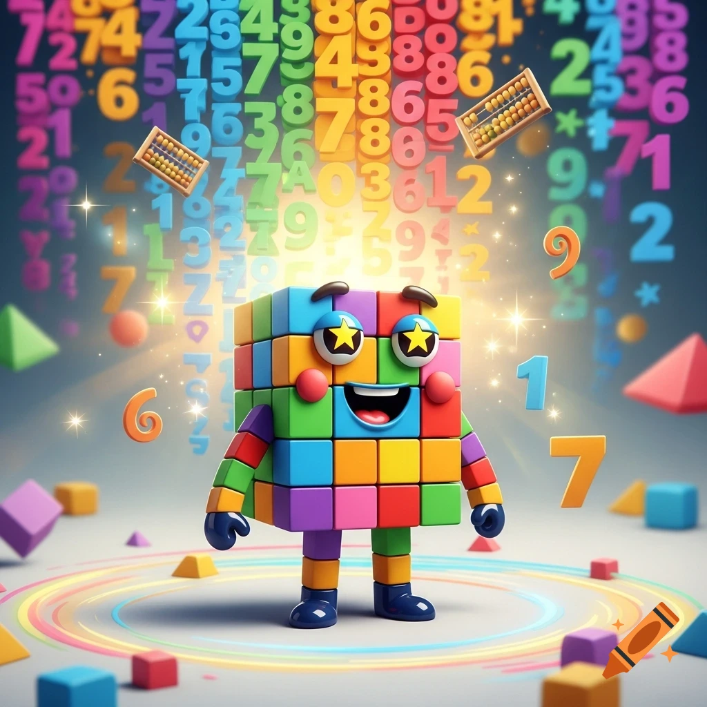A vibrant, cartoon-style character made of colorful blocks with big eyes and a smile stands amidst floating numbers, geometric shapes, and abacuses, on a light background.