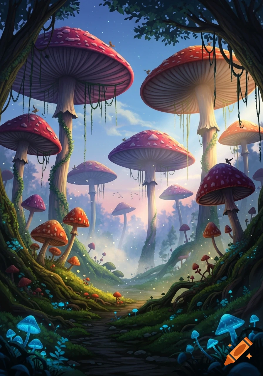 A vibrant, magical mushroom forest with tall, red-capped fungi, glowing blue mushrooms, and a winding path through lush greenery.