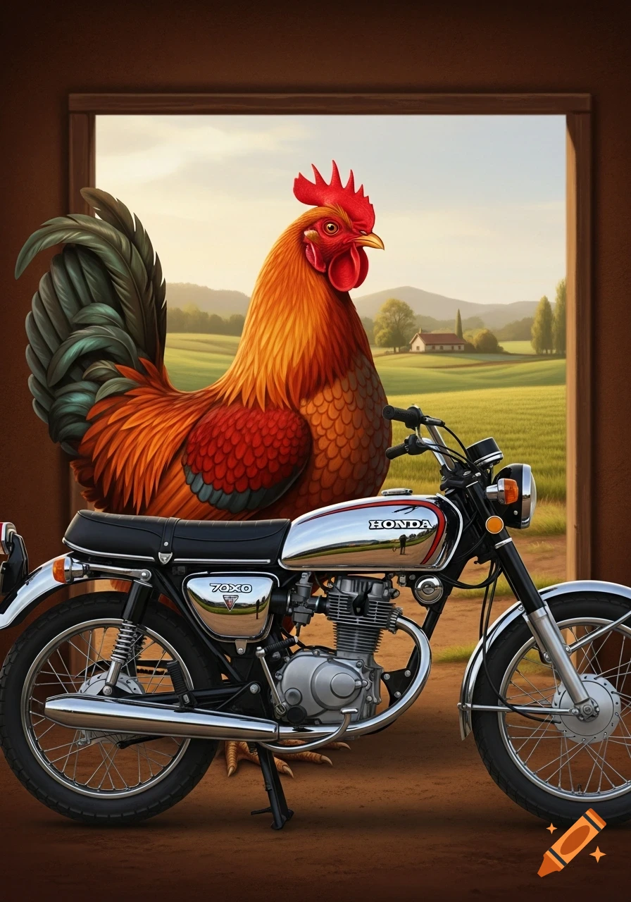 A vibrant rooster stands behind a vintage Honda motorcycle in a rustic frame, overlooking a green rural landscape. Photorealistic style.