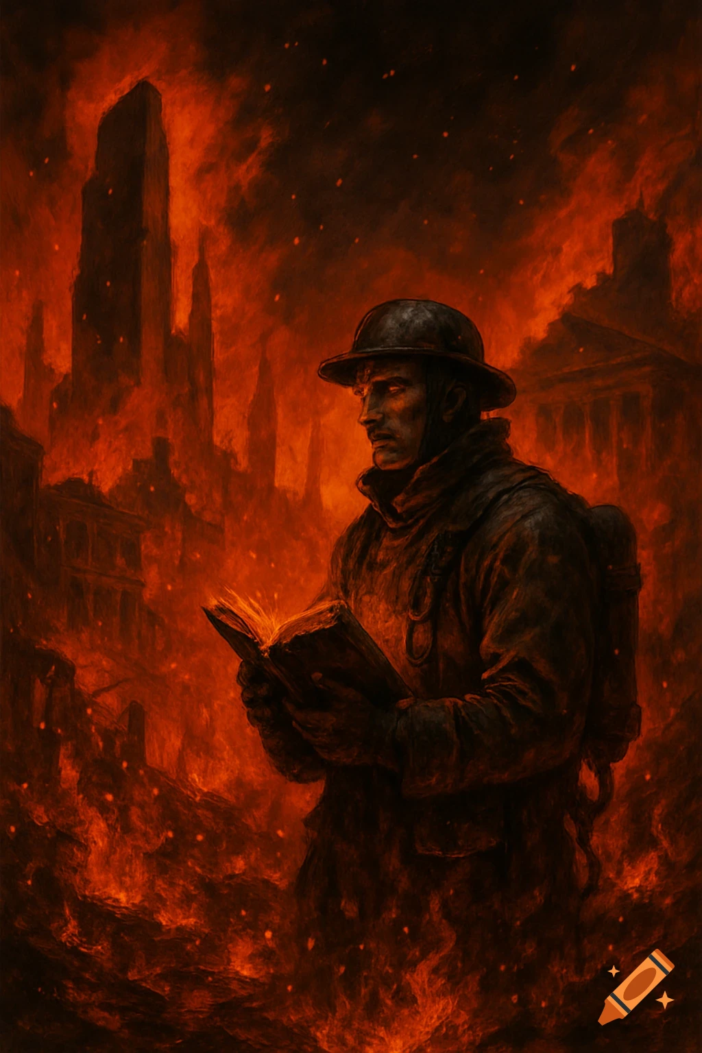 A man in a helmet and coat reads a glowing book in a burning, ruined city under a dark, fiery sky, in a dramatic, painterly style.