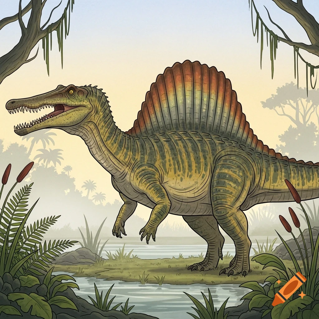 A cartoon-style spinosaurus stands in a prehistoric swamp environment, surrounded by dense vegetation and water.