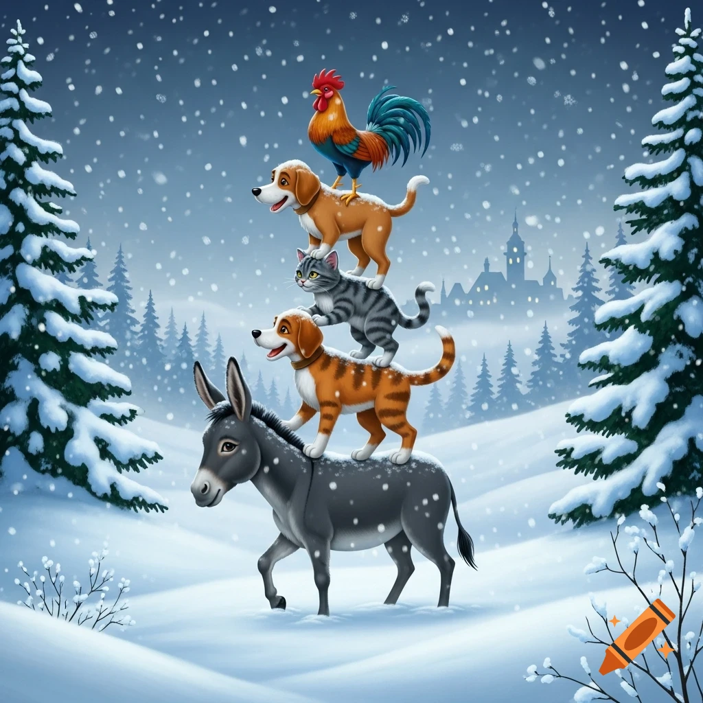 A cartoon illustration of a donkey, dog, cat, and rooster stacked on each other in a snowy forest with a distant town.