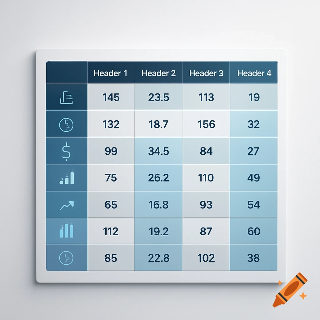 A clean, modern data table with headers 'Header 1' through 'Header 4' and rows of numerical data and abstract icons.