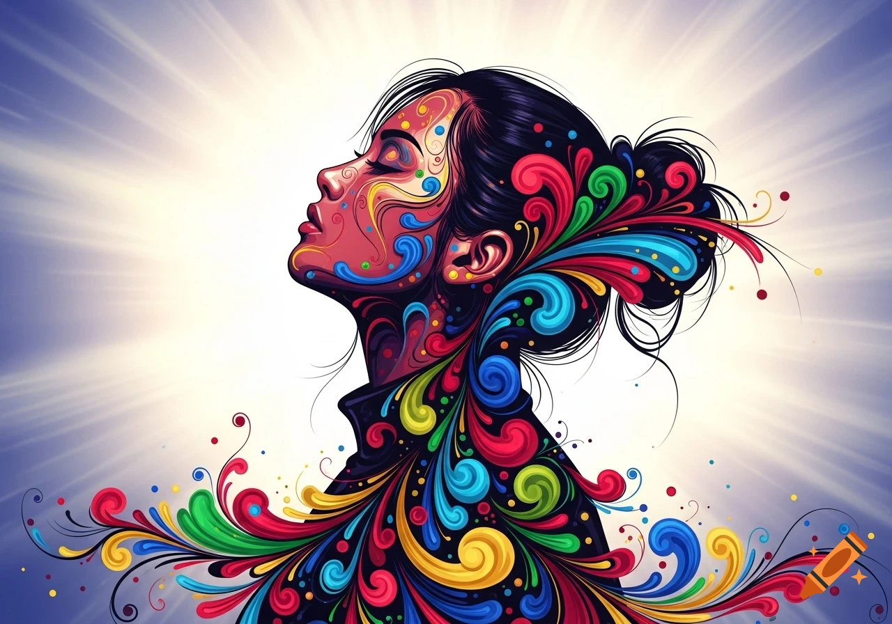 Stylized illustration of a woman's profile with vibrant, colorful swirls and patterns emanating from her head and body against a glowing background.