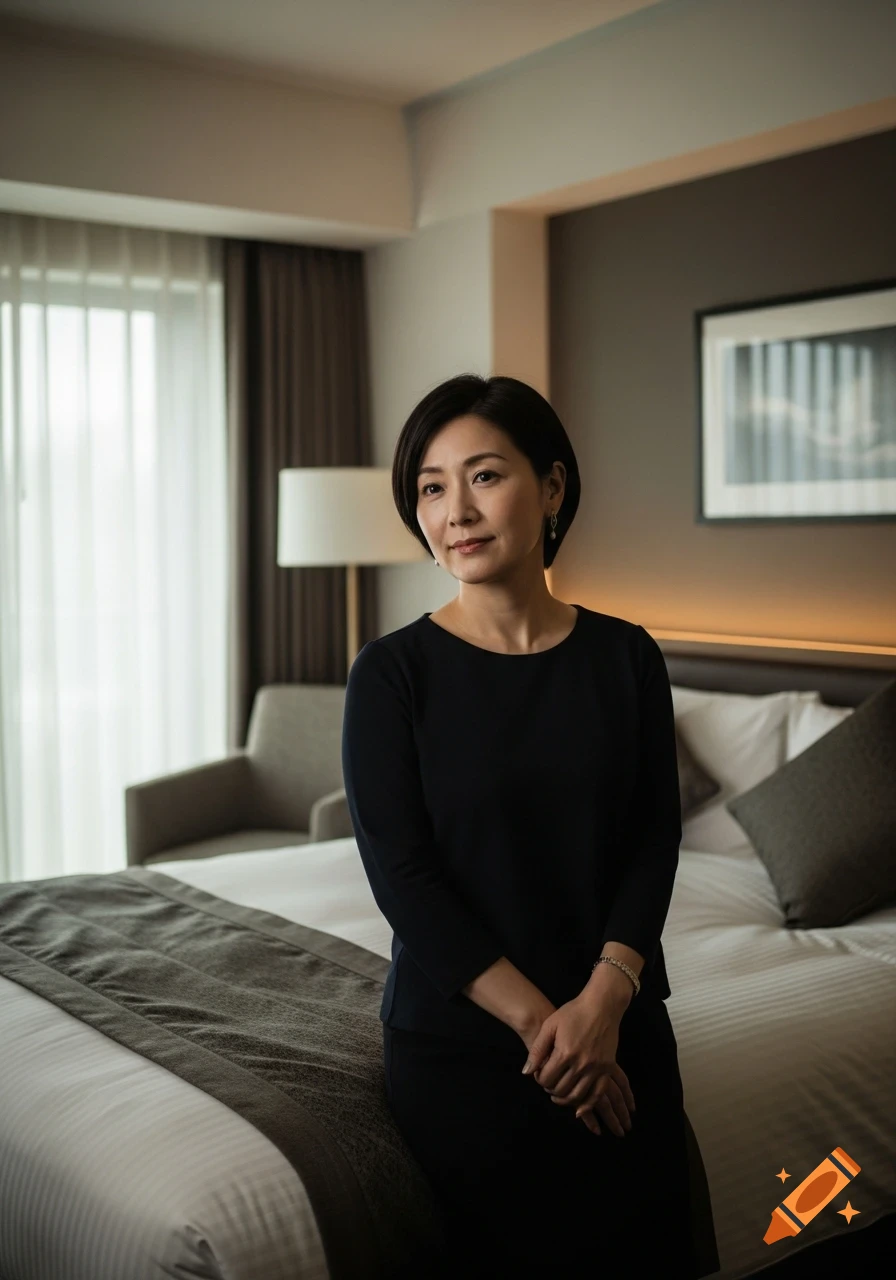 A photorealistic portrait of a Japanese woman with short dark hair, sitting on a modern hotel bed with hands clasped, looking thoughtfully.
