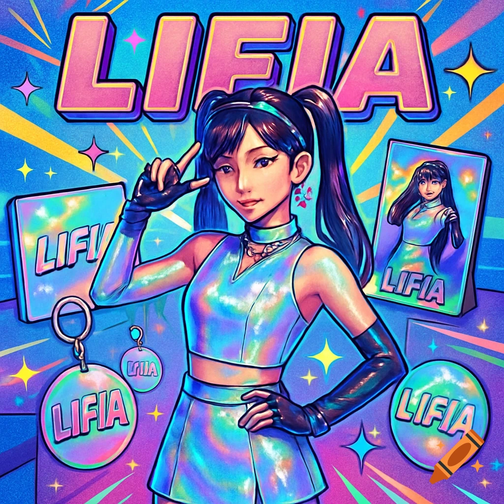 Anime idol in a holographic outfit poses against a vibrant pop art background featuring 'LIFIA' on album art and merchandise.