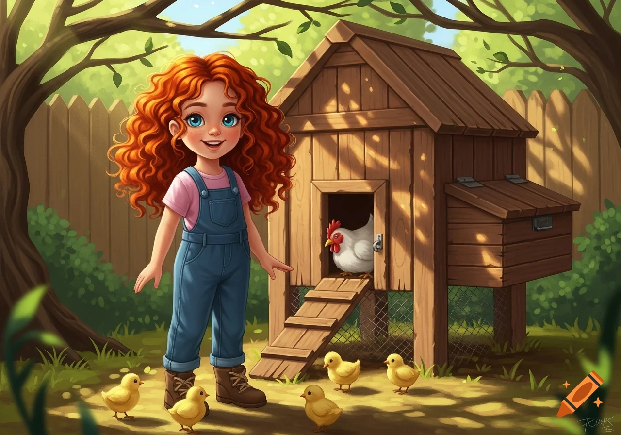 A smiling cartoon girl with red curly hair in overalls stands in front of a chicken coop with a chicken and several yellow chicks.
