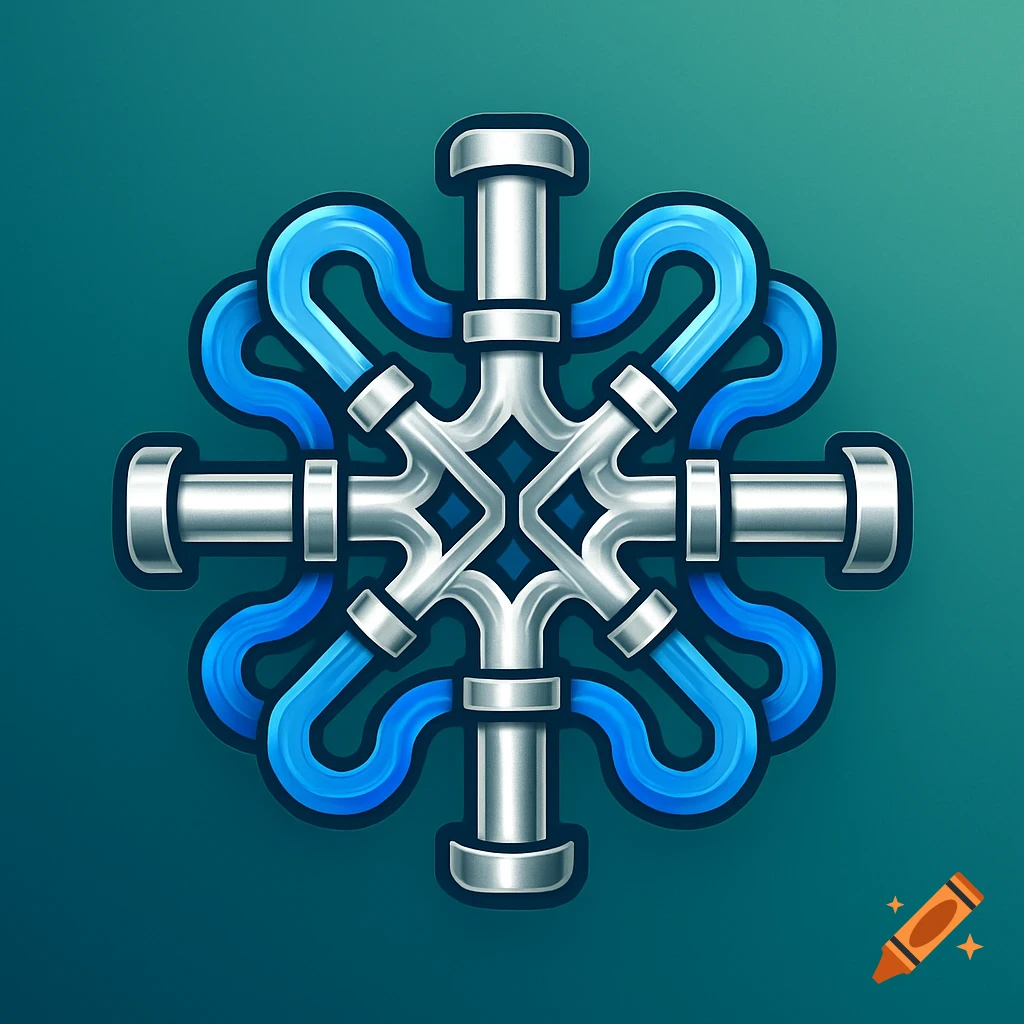 A stylized, symmetrical logo featuring interconnected silver pipes and bright blue tubes against a teal background.
