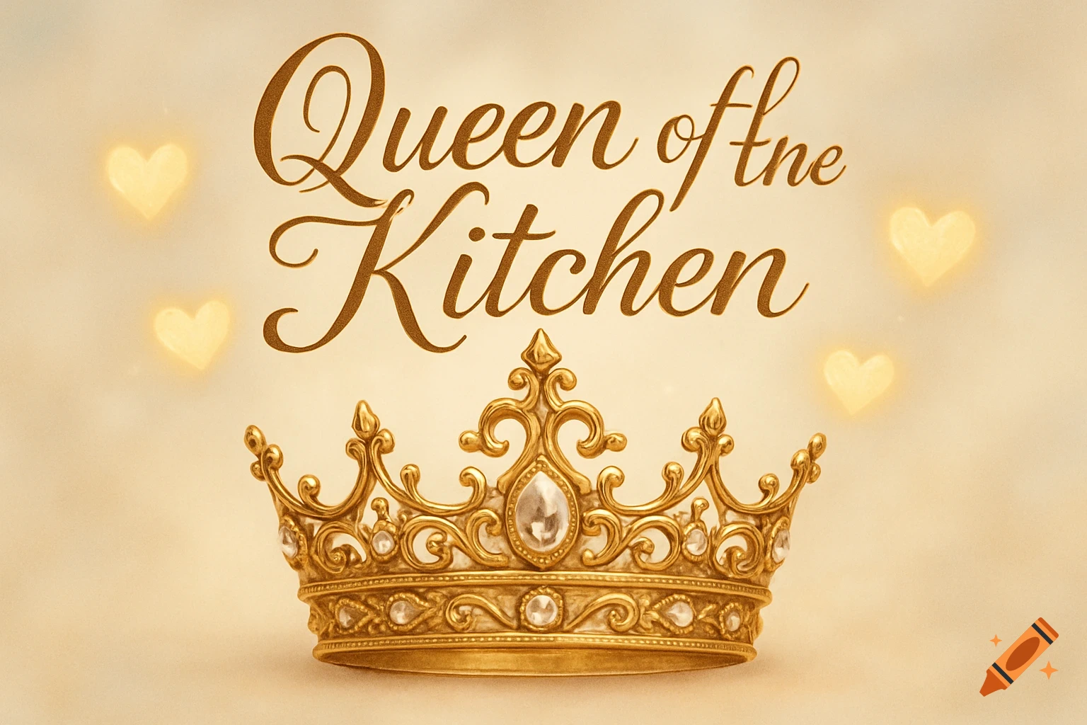 An elegant golden crown with the text 'Queen of the Kitchen' and glowing hearts on a light background.