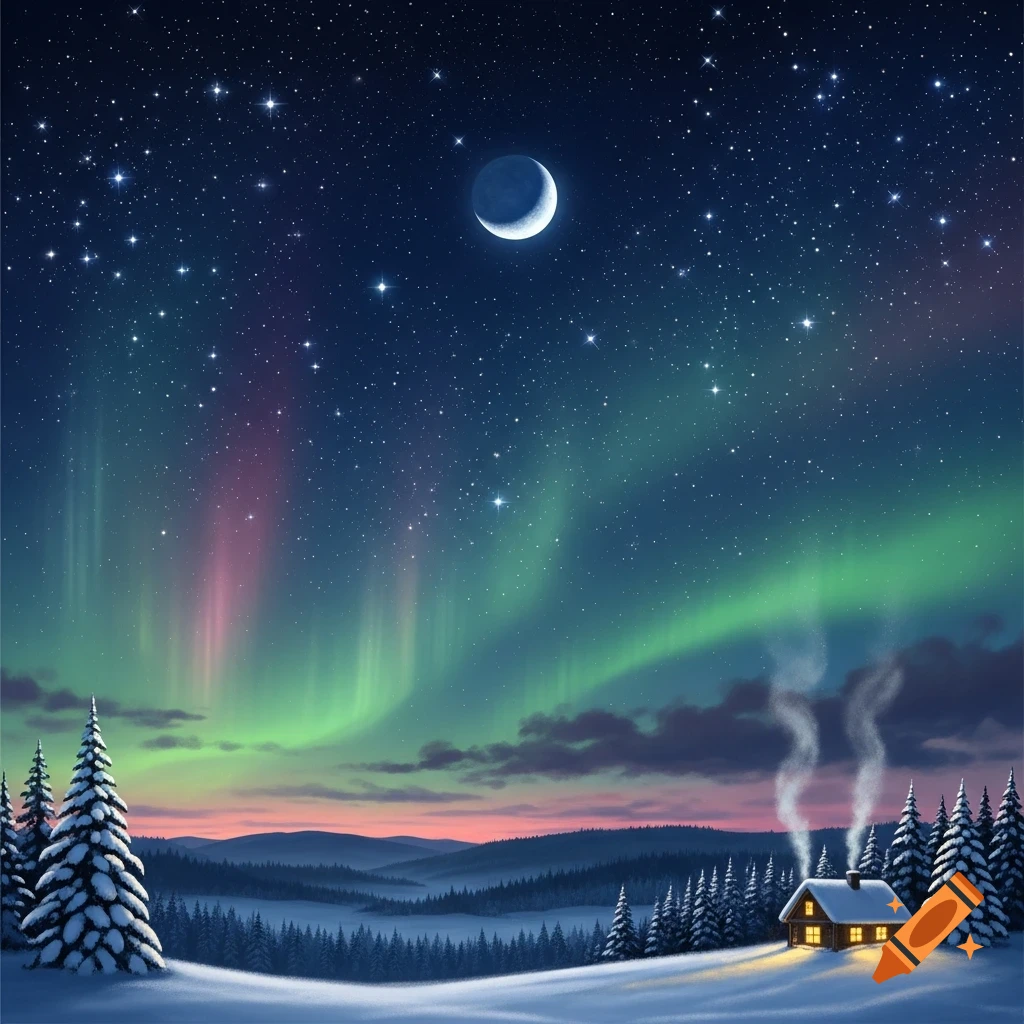 A cozy cabin nestled in a snowy winter landscape under a starry night sky with a crescent moon and vibrant aurora borealis.