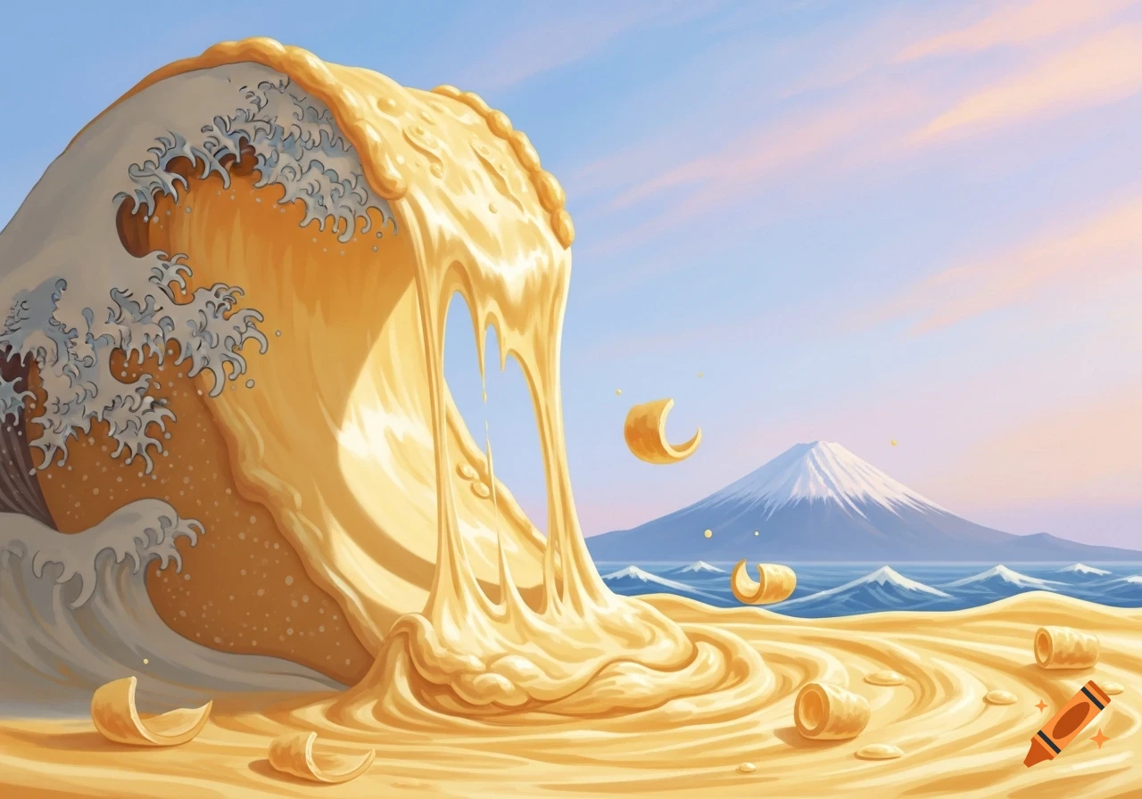 A massive wave of melting cheese crashes over a cheese landscape, with Mount Fuji visible under a pastel sky, styled as an homage to 'The Great Wave'.
