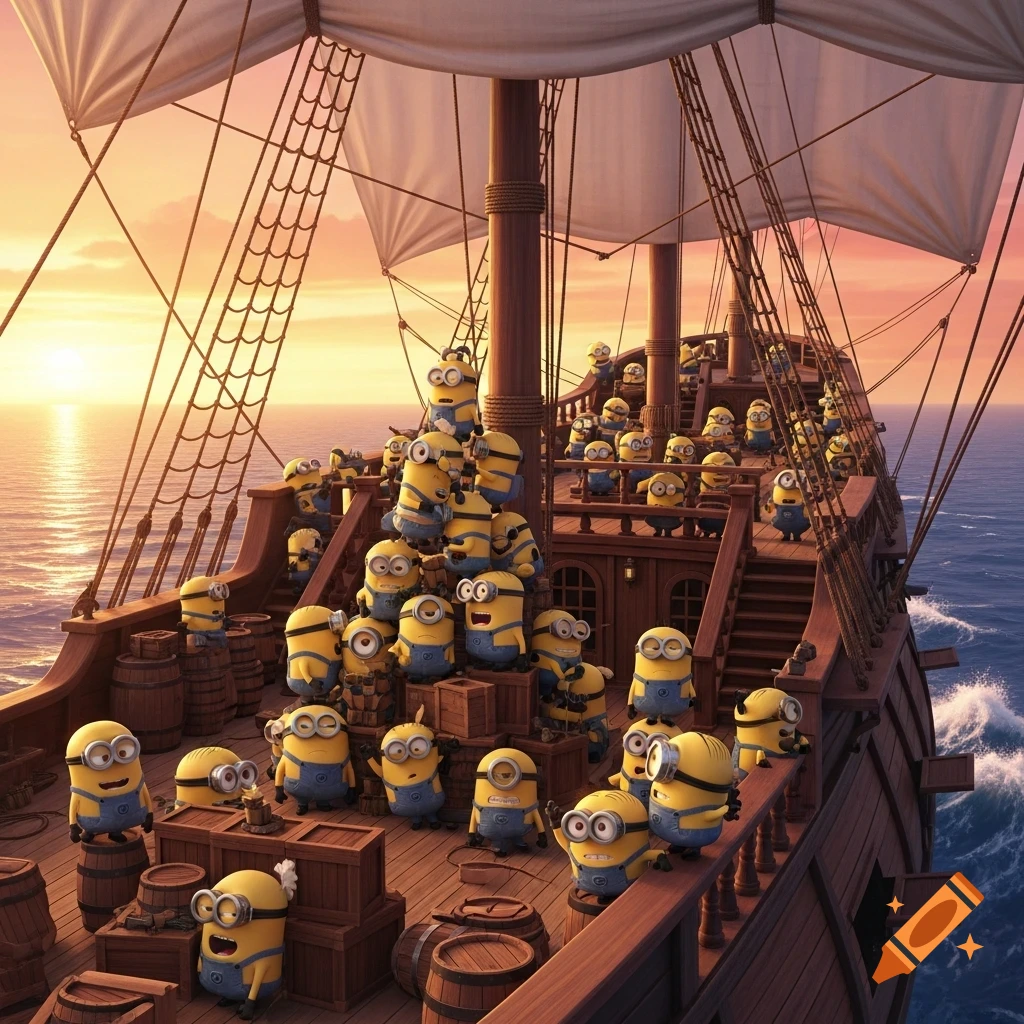 Many yellow cartoon Minions are packed tightly onto a wooden pirate galleon sailing on the ocean at sunset.