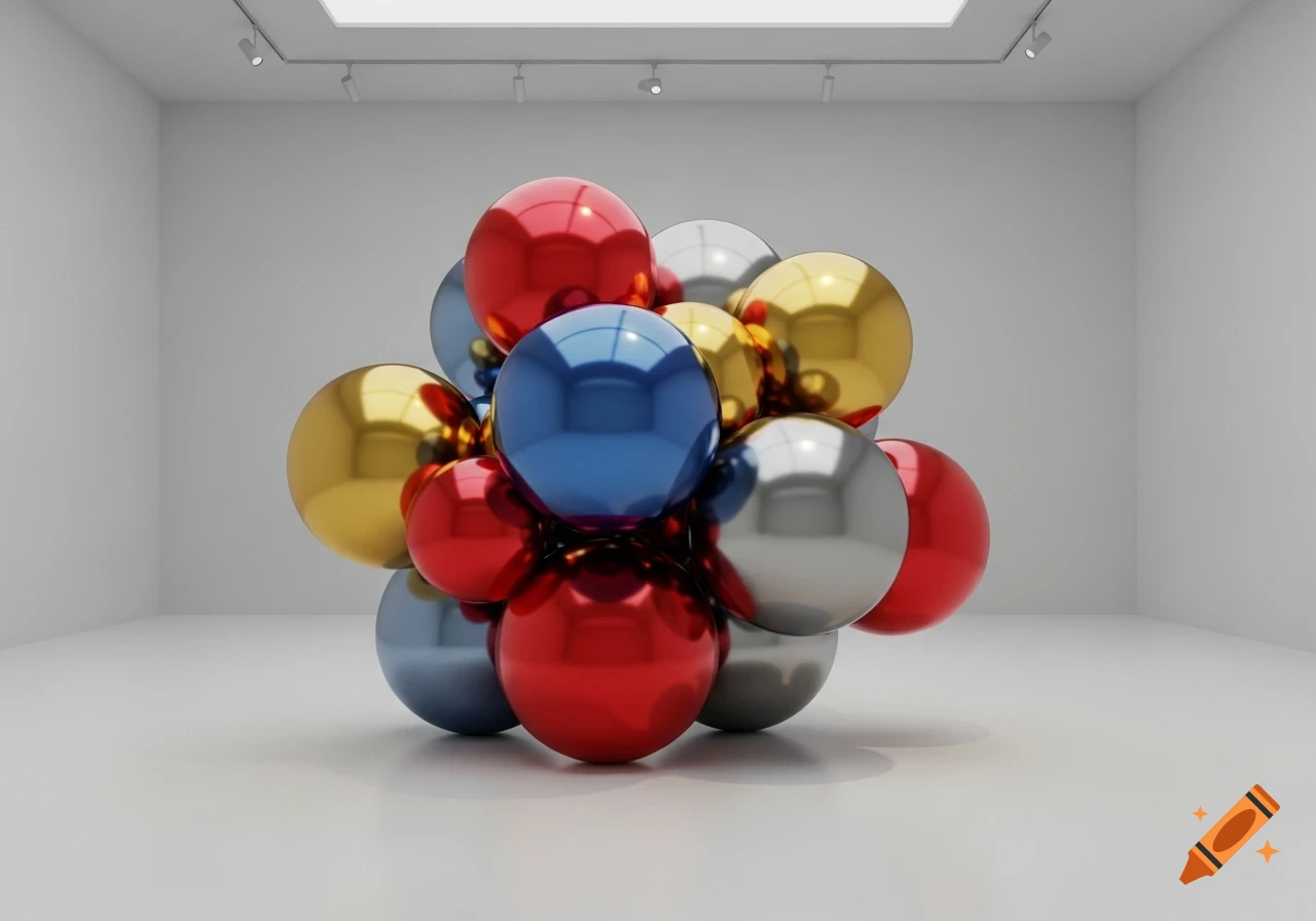 A cluster of reflective red, gold, silver, and blue spheres forming an abstract sculpture in a minimalist white gallery room.