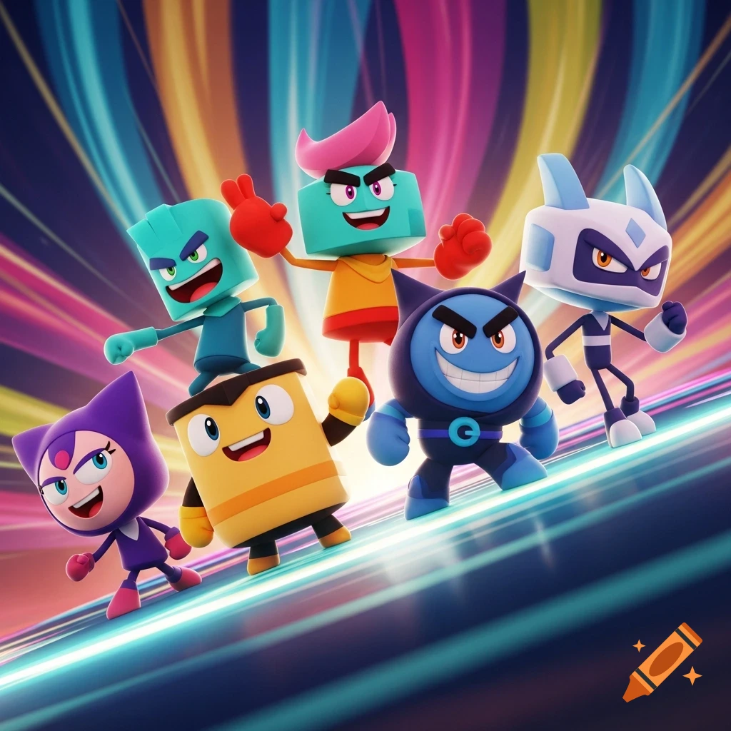 Six colorful, stylized cartoon characters with expressive faces stand on a glowing ramp against a vibrant, streaking rainbow background.