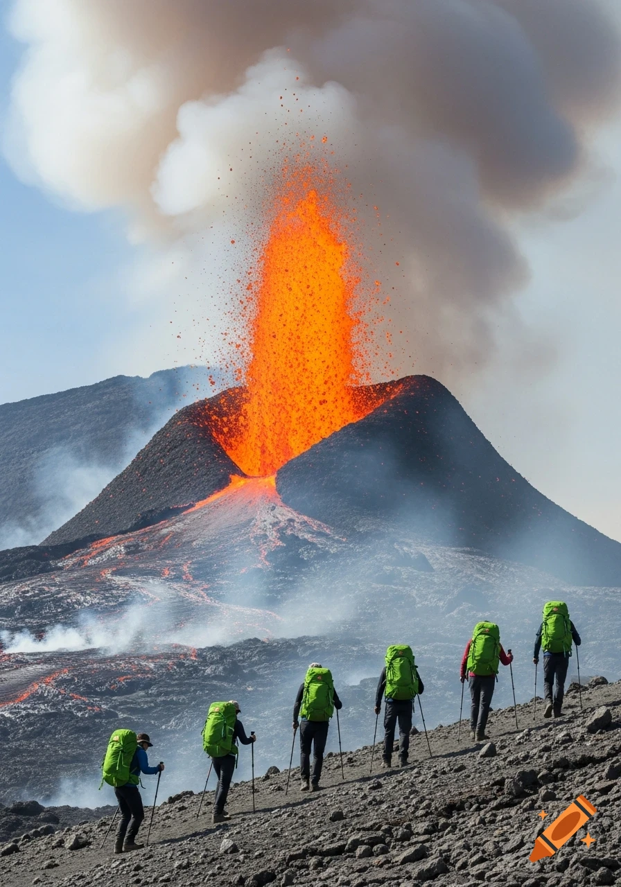Six hikers with green backpacks and trekking poles ascend a rocky slope towards an erupting volcano with orange lava. Photorealistic.