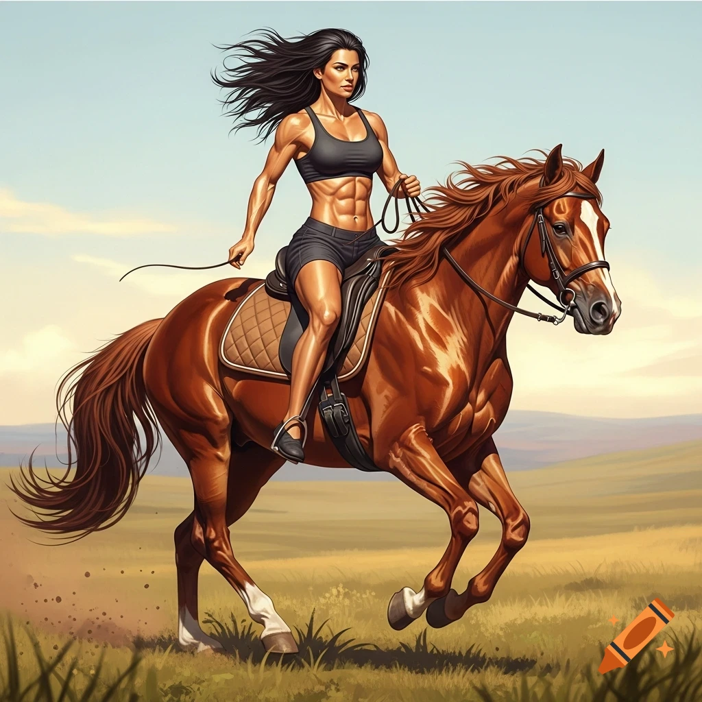 Muscular woman with dark hair riding a brown horse across a grassy field under a clear sky, in an illustrative style.