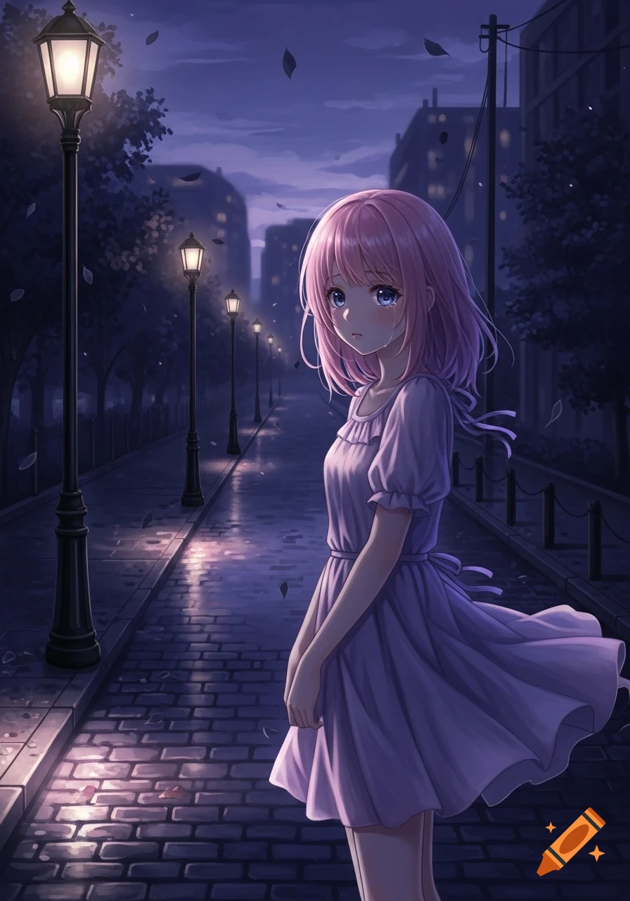 A sad anime girl with pink hair stands on a wet cobblestone street at night, illuminated by streetlights.