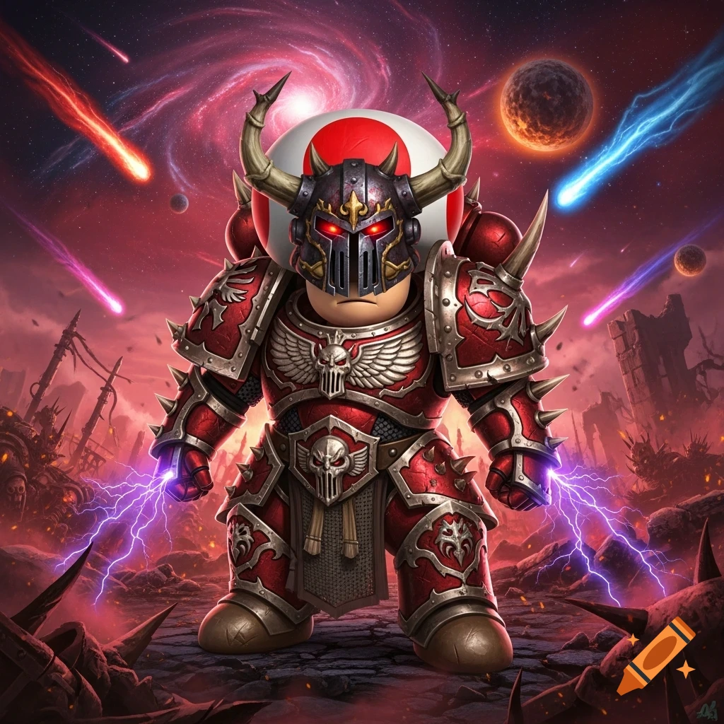 A stylized Toad from Super Mario dressed as a Khorne Chaos Space Marine in red, spiked armor with a horned helmet, glowing red eyes, and purple lightning, on a cosmic battlefield.