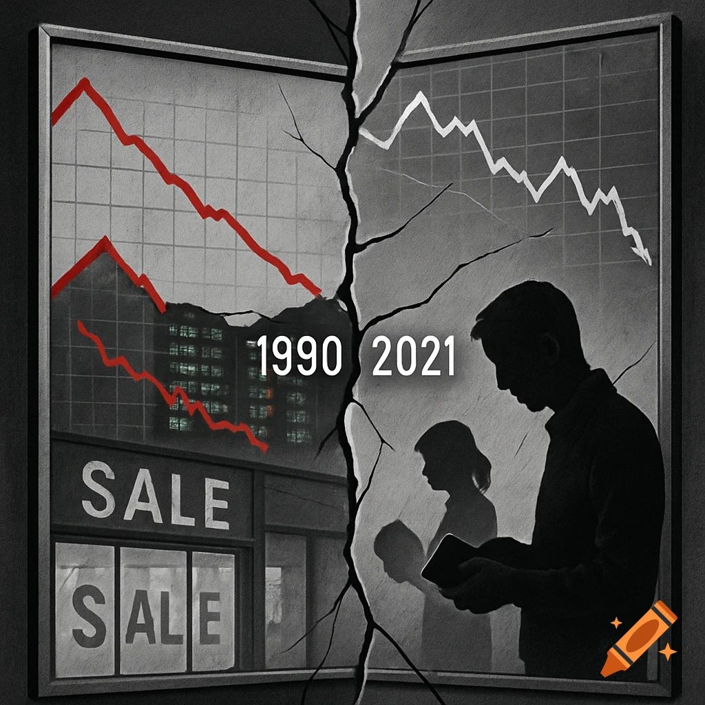 A cracked mirror illustration comparing economic downturns: 1990 (red graphs, 'SALE') and 2021 (white graph, cautious consumers).