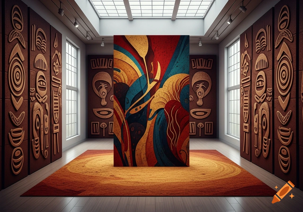 An art gallery featuring a vibrant, colorful abstract painting centrally placed, flanked by brown walls with carved tribal-style designs.