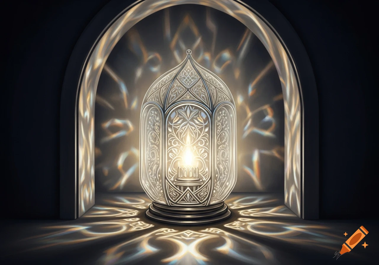 An ornate, glowing lantern with intricate filigree in a dark arched alcove, casting beautiful light patterns.