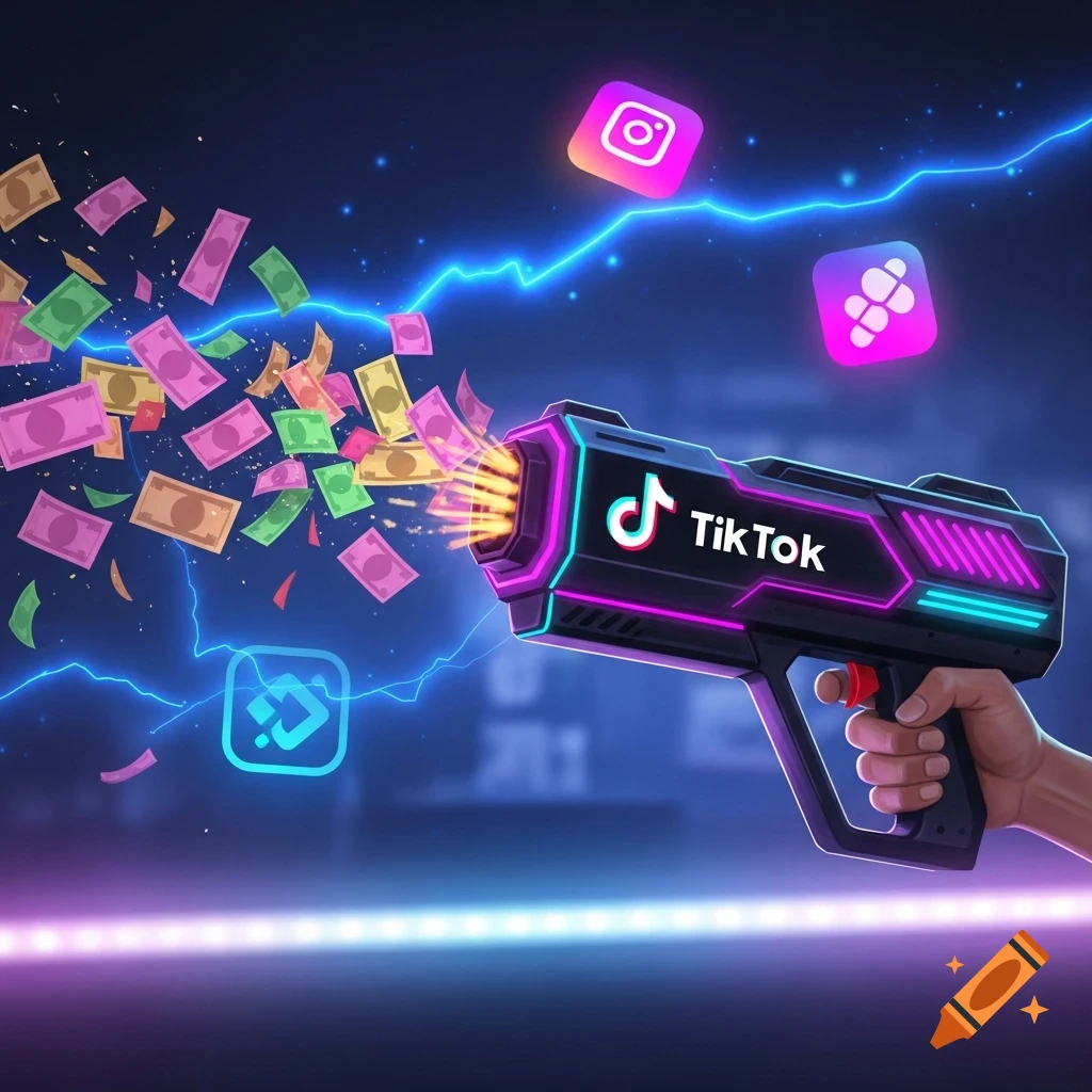 Digital illustration of a hand holding a futuristic neon TikTok money gun shooting colorful cash, with social media icons floating in the background.
