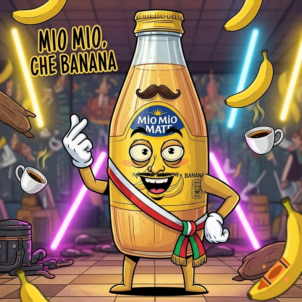 A cartoon banana-flavored Mio Mio Mate bottle character with a mustache, an Italian sash, and making a hand gesture, surrounded by bananas, coffee cups, and neon lights in a meme-style illustration.