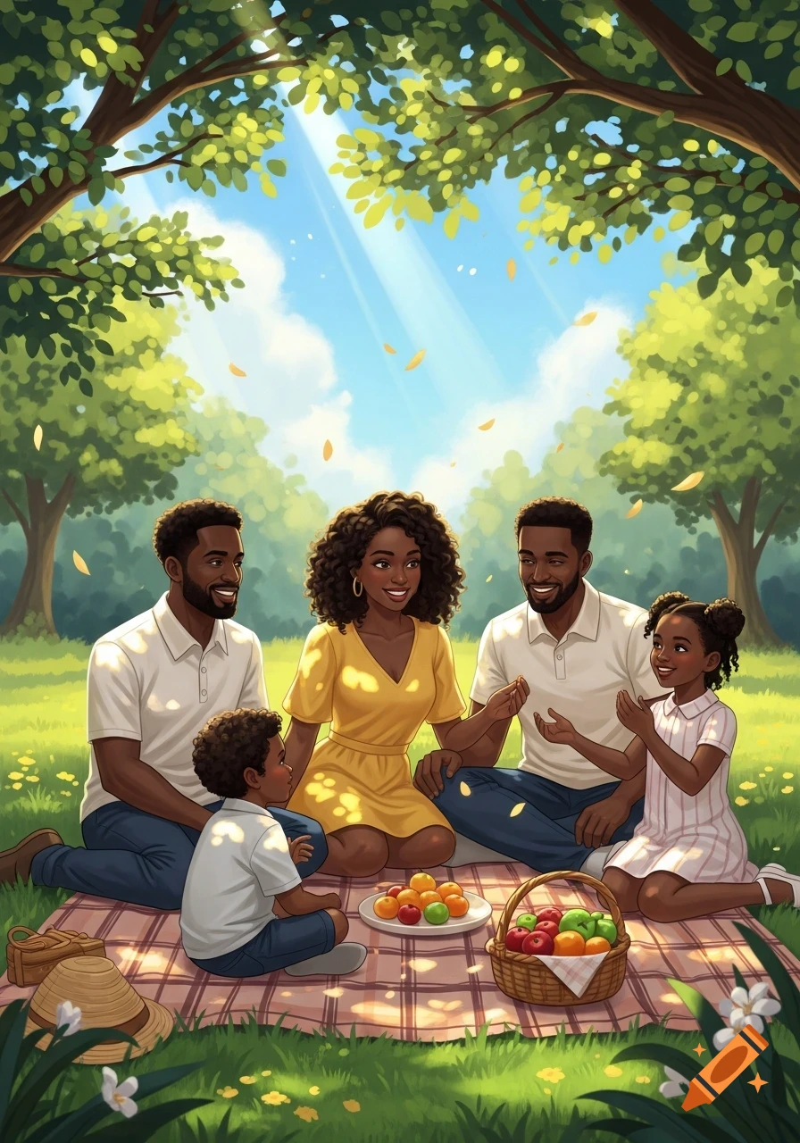 Illustrated African American family enjoying a sunny picnic in a park under a tree.