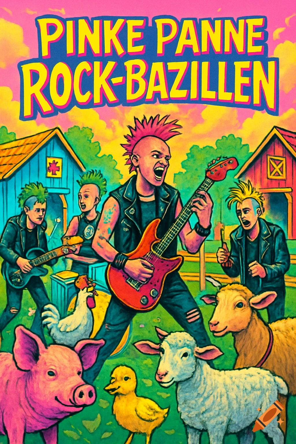 Vibrant illustration of a punk rock band playing on a farm with animals and barns. Text 'PINKE PANNE ROCK-BAZILLEN'.