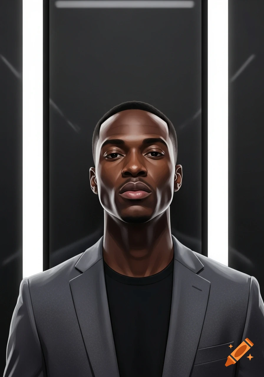 Stylized portrait of a Black man in a grey suit jacket and black t-shirt, against a dark background with vertical light bars.
