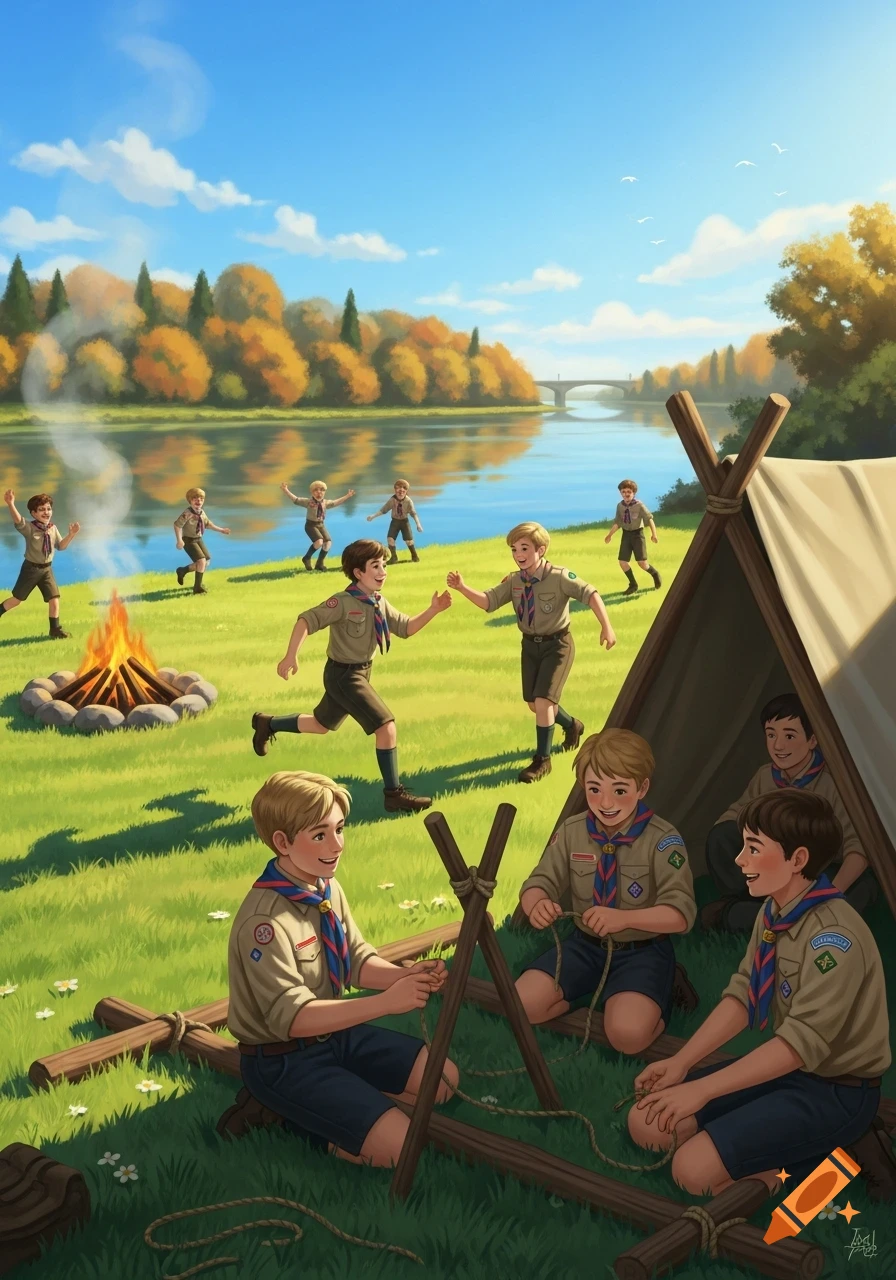 An idyllic illustration of Boy Scouts camping by a river, with some boys playing by a campfire and others tying knots near a tent.