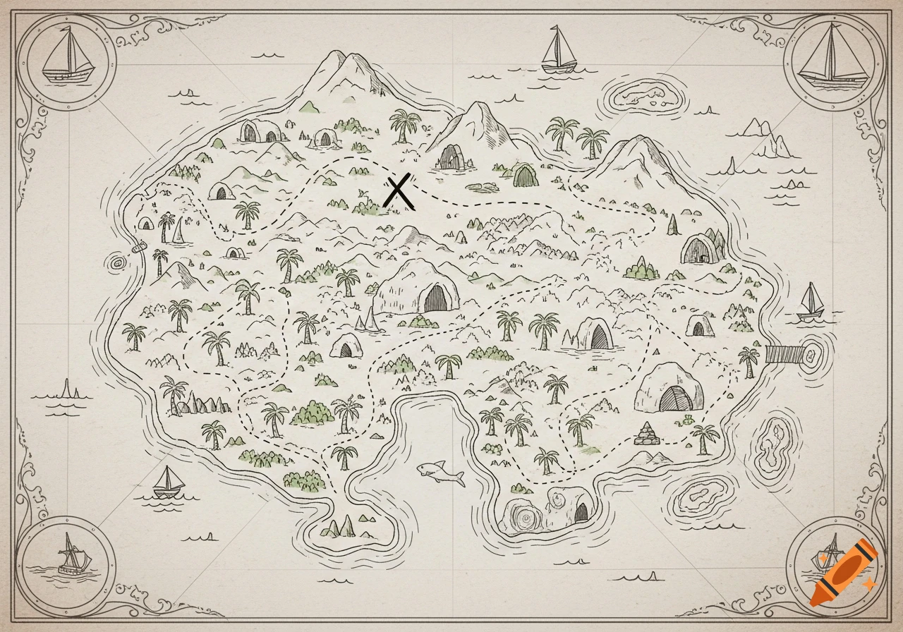 An old-style illustrated treasure map on textured paper, showing an island with mountains, palm trees, caves, and an 'X' marking a spot.