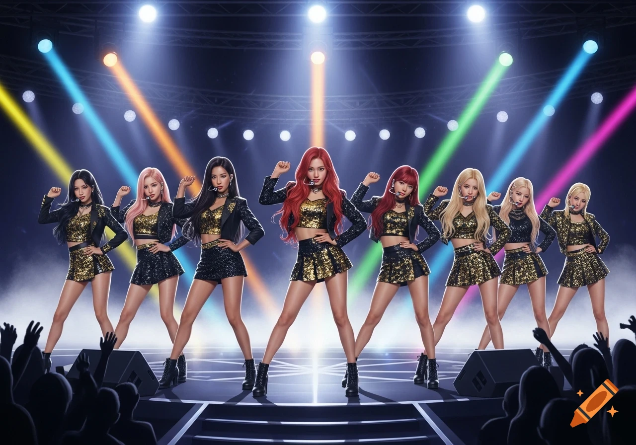 Eight K-pop girl group members in black and gold outfits with varied hair colors pose on a stage under colorful spotlights, with a crowd visible in the foreground.