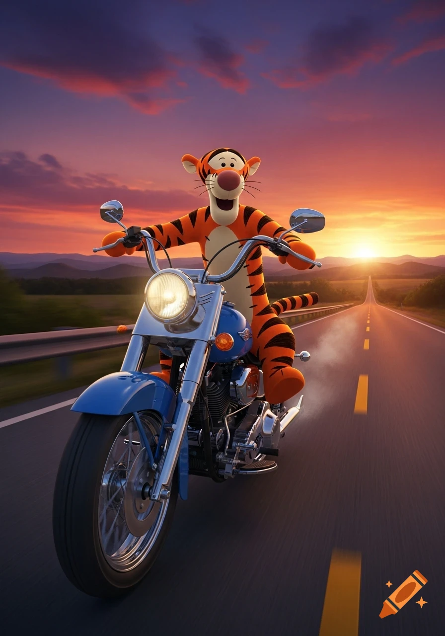 Photorealistic Tigger riding a blue motorcycle on a highway at sunset, with purple and orange skies.