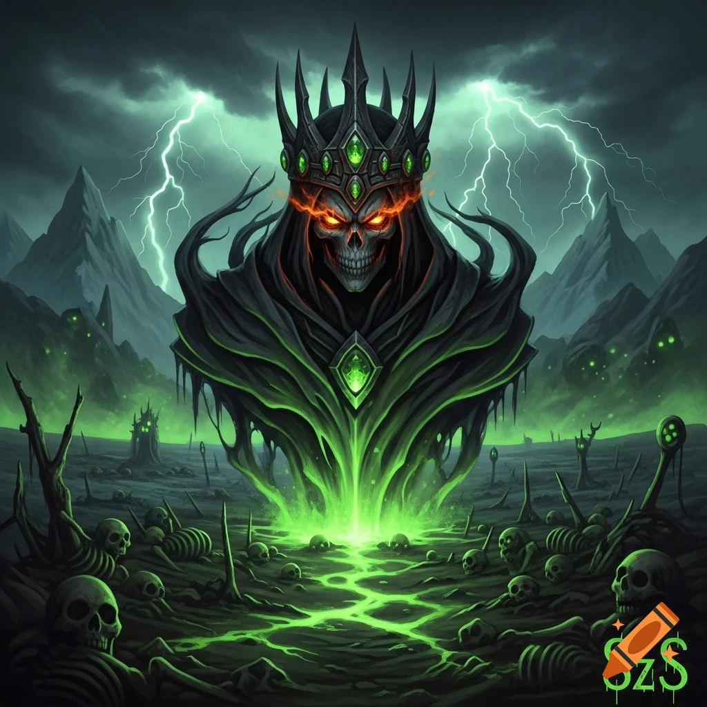 A skeletal lich king with glowing eyes and a spiked crown rises from a swampy, lightning-stormed landscape filled with bones and green goo. Dark fantasy art.