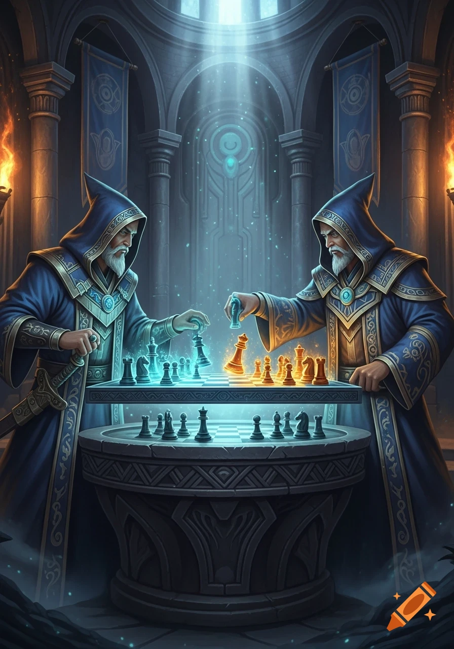 Two robed wizards intensely play chess with glowing magical pieces in a grand, mystical fantasy chamber, detailed art style.