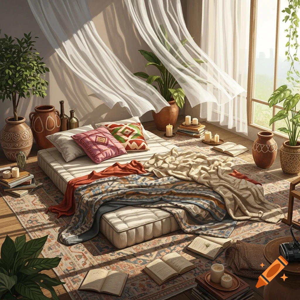 A cozy, sunlit room with a mattress on the floor covered with patterned blankets, surrounded by plants, candles, and open books.