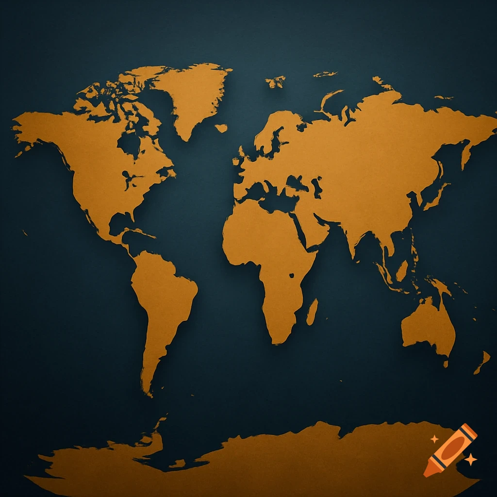 Stylized world map showing golden-brown continents against a dark blue background.