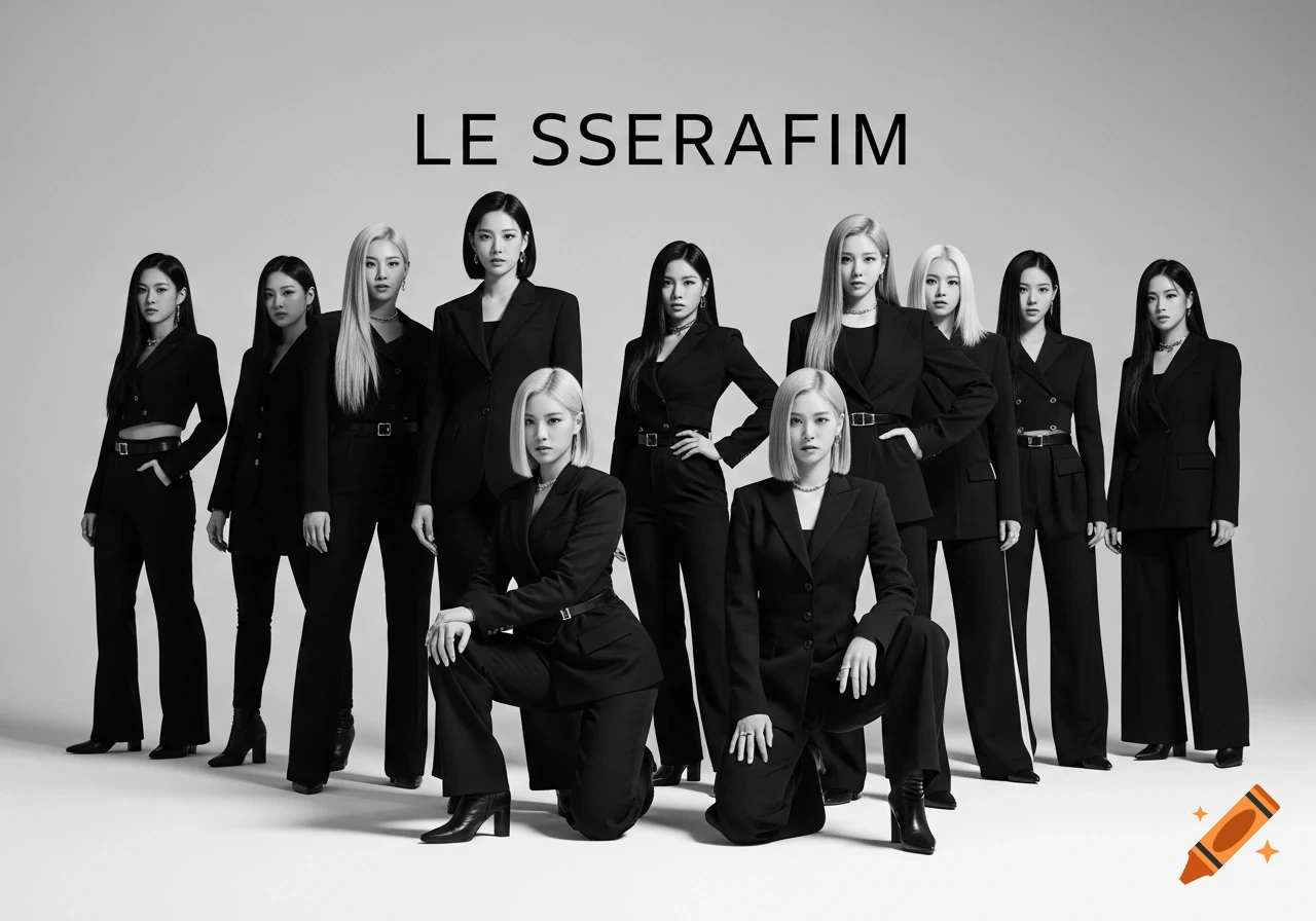 Nine women from a K-pop group, LE SSERAFIM, in black suits pose against a white background in a studio photoshoot.