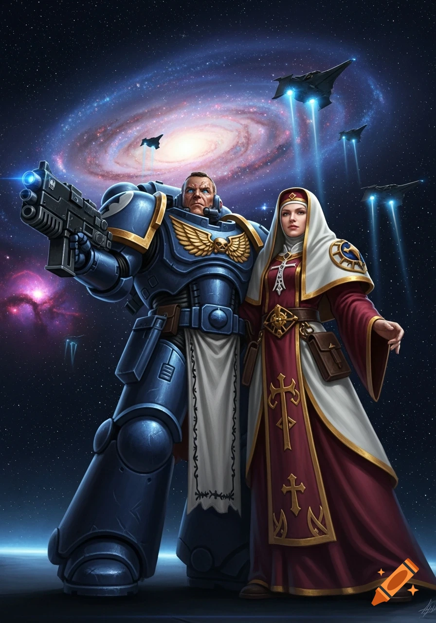 A determined Space Marine in blue power armor with a bolter stands next to a Sister of Battle in red and white robes, in deep space with a galaxy and spacecraft.