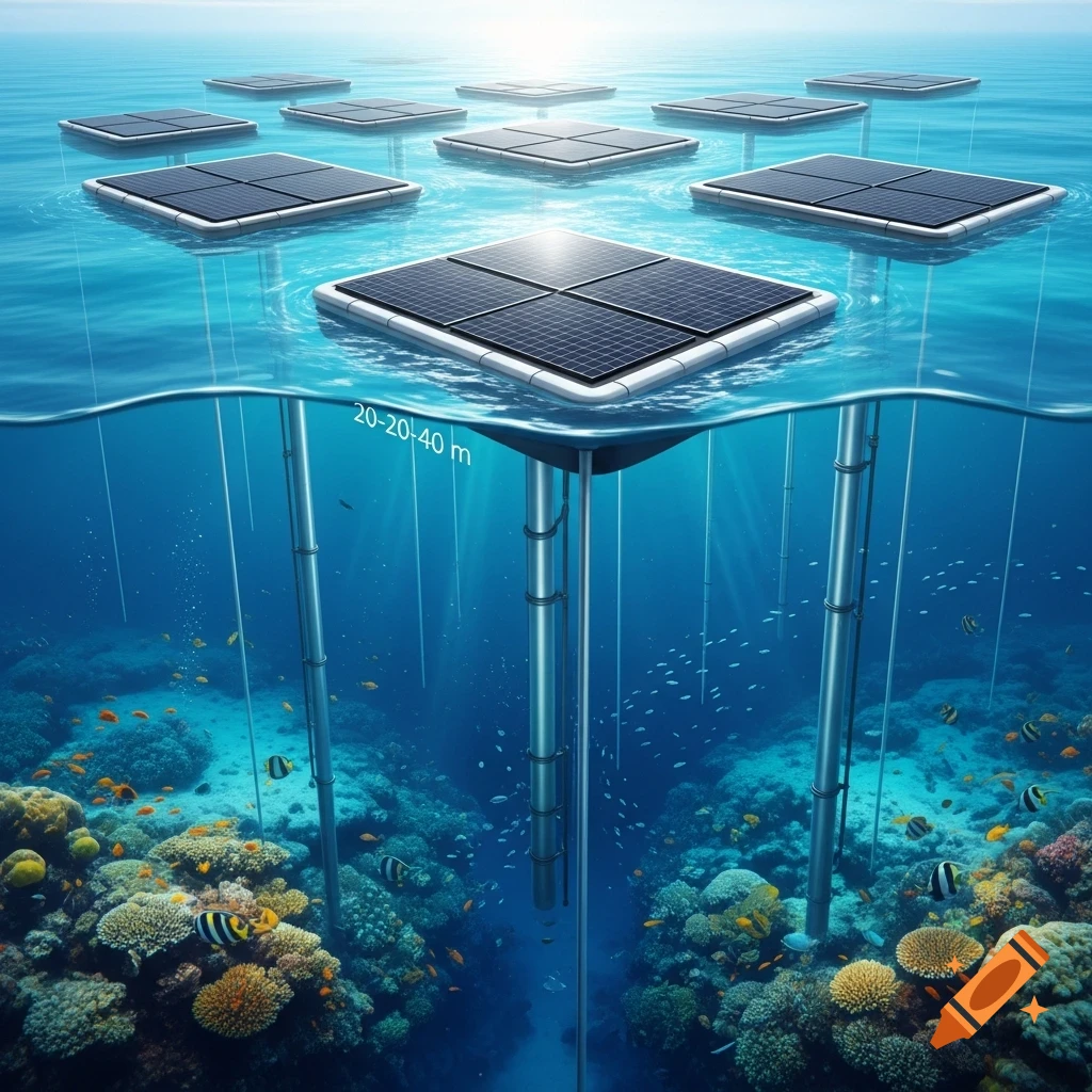 Floating solar panels on ocean surface, with a cross-section showing underwater pipes extending to a vibrant coral reef with fish.