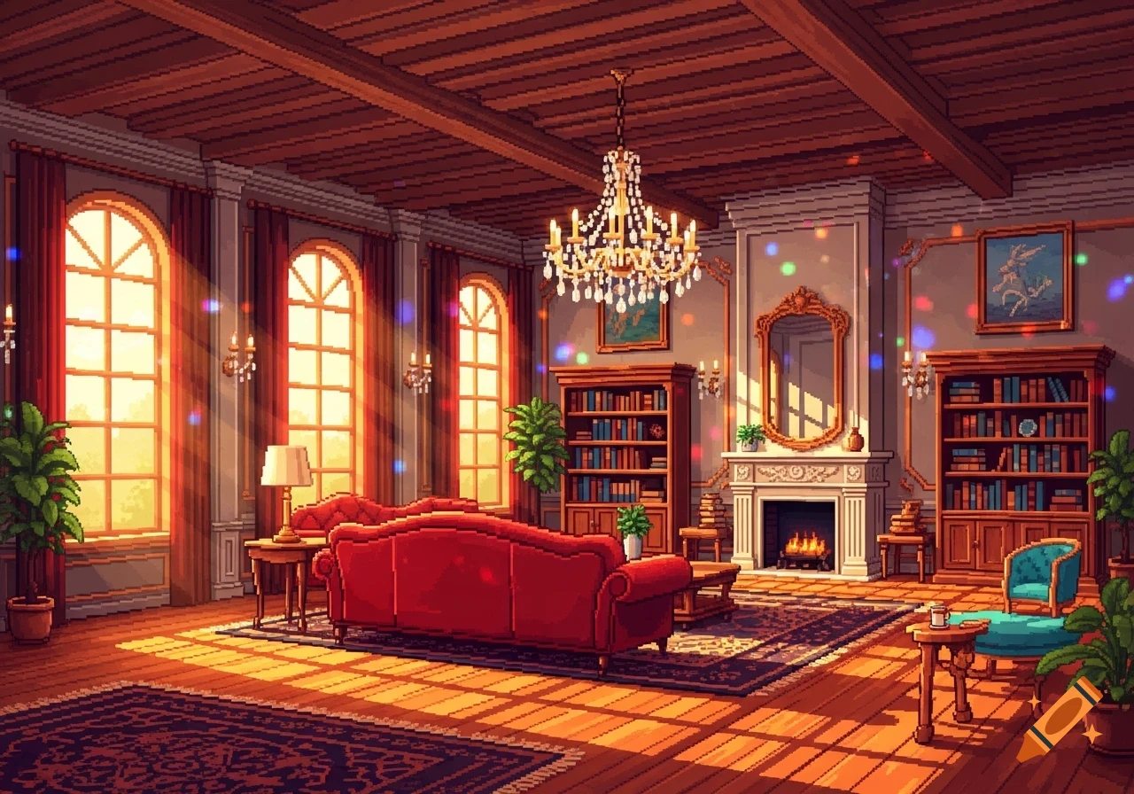 Pixel art of a luxurious living room with a red couch, large arched windows, a chandelier, a fireplace, and bookshelves, bathed in warm sunlight.