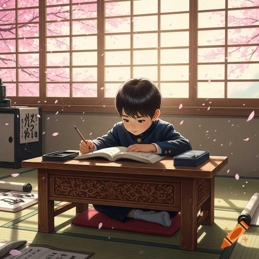 An anime-style image of a young boy in a school uniform writing in a book at a low wooden table, with cherry blossoms visible outside a window.
