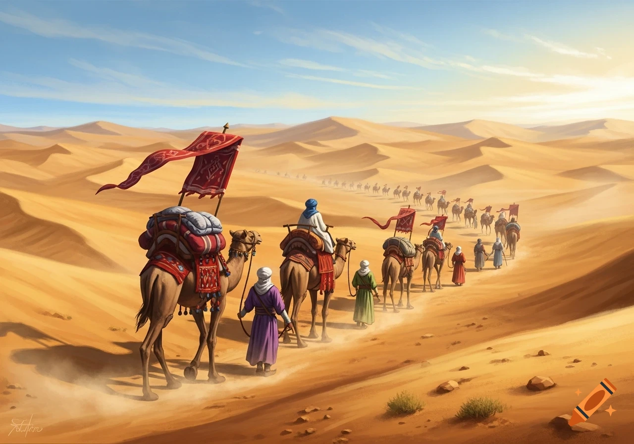 An illustration of a long caravan of people and camels with colorful flags moving across sunny sand dunes in a vast desert.